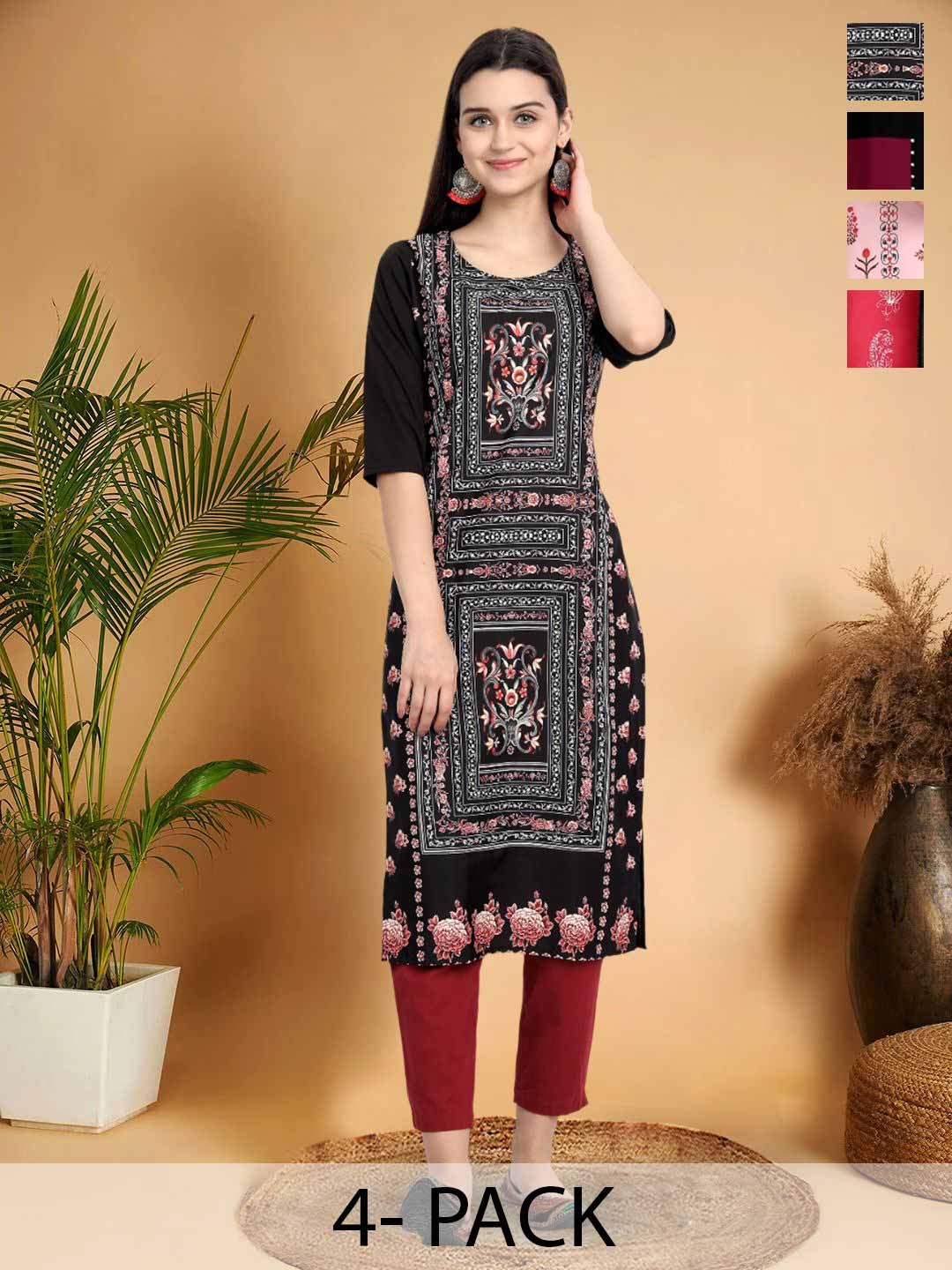 

7Threads Selection Of 4 Ethnic Motifs Printed Round Neck Straight Kurtas, Black