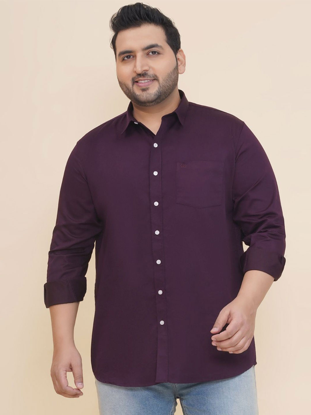 

John Pride Men Plus Size Oversized Fit Spread Collar Solid Satin Casual Shirt, Purple