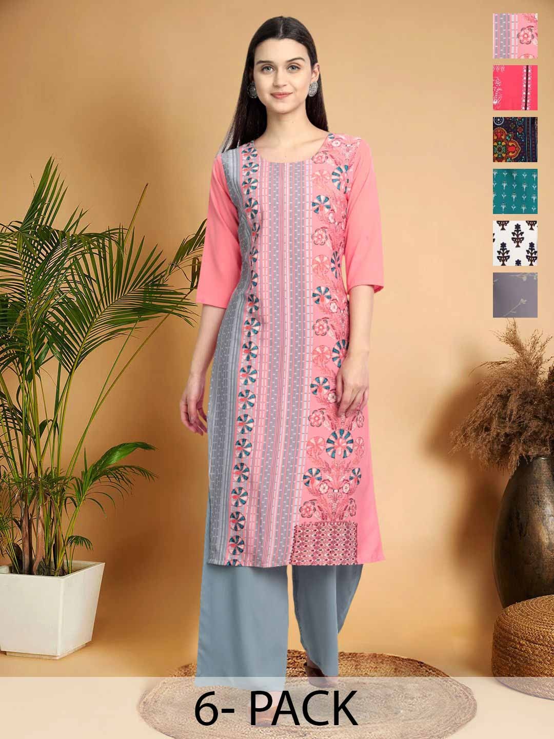 

7Threads Selection Of 6 Ethnic Motifs Printed Round Neck Straight Kurtas, Pink