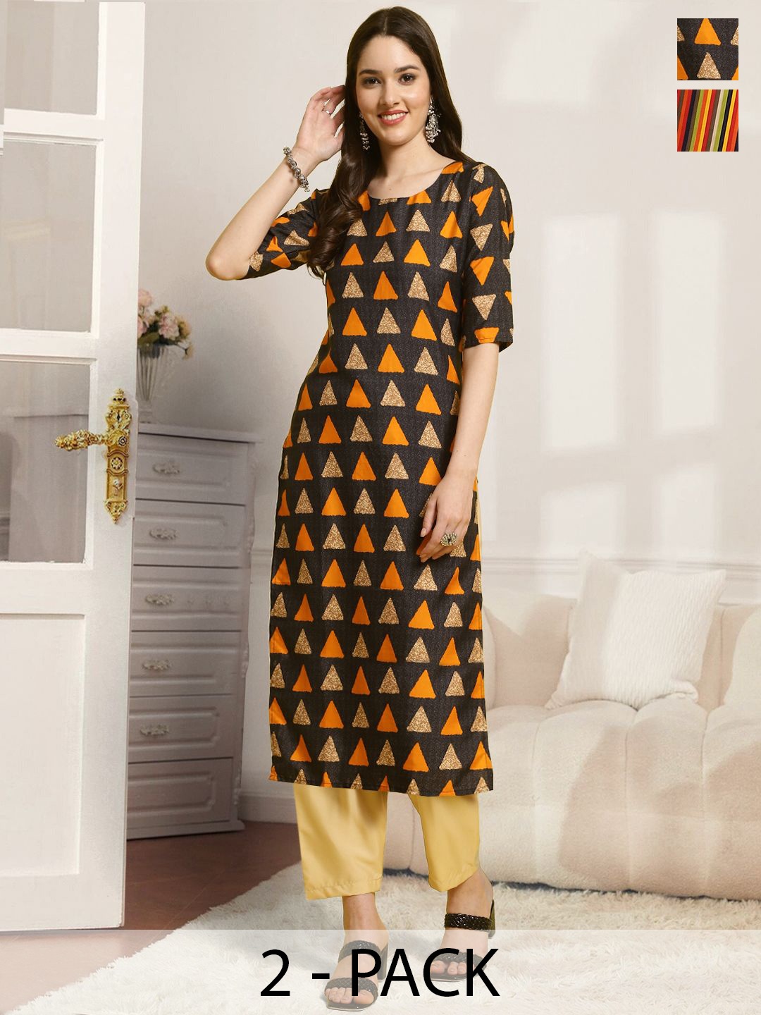 

7Threads Selection Of 2 Geometric Printed Round Neck Straight Kurta With Trousers, Black