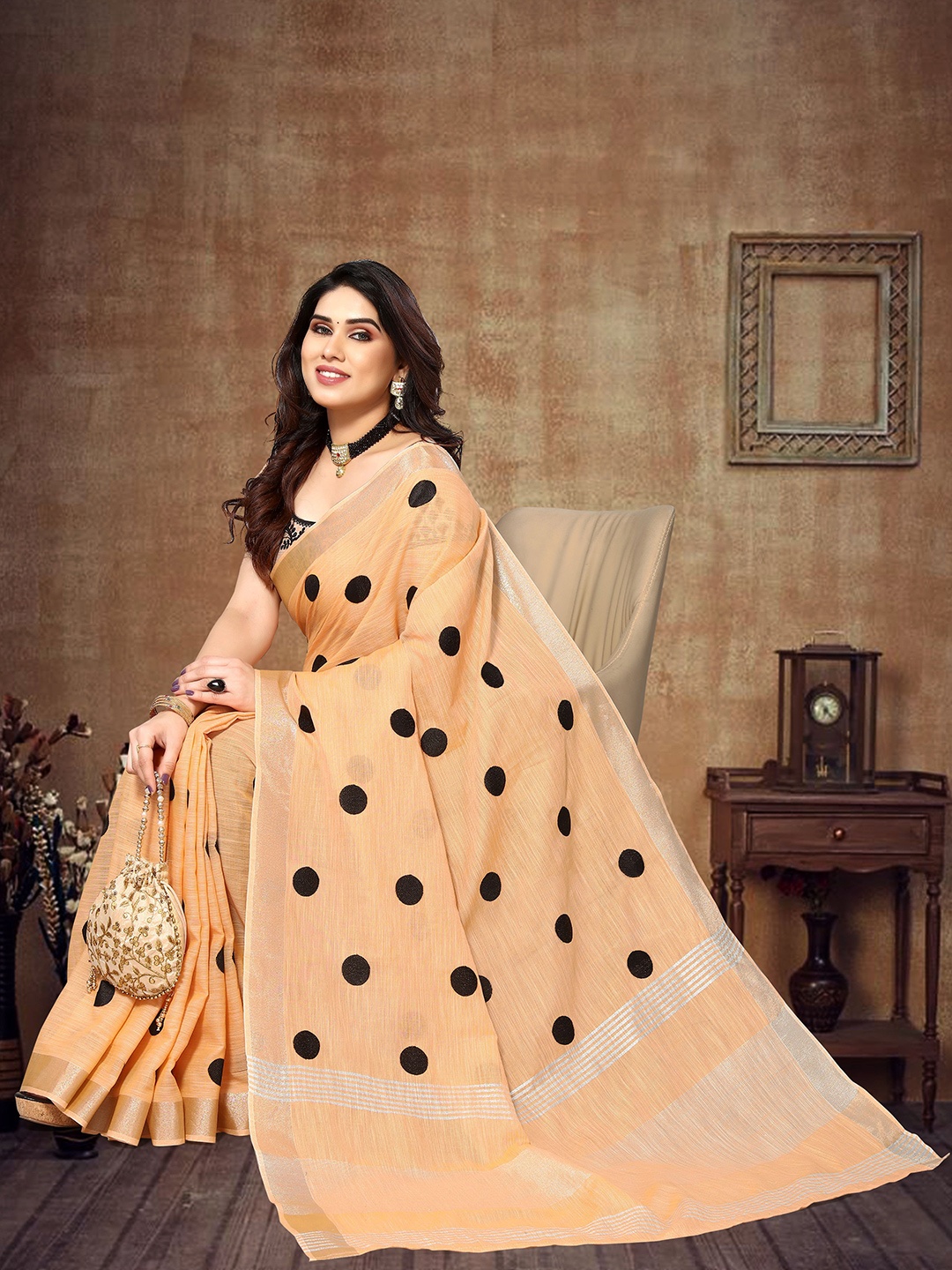 

A.V.M. SILK MILLS Polka Dot Zari Pure Cotton Saree, Orange