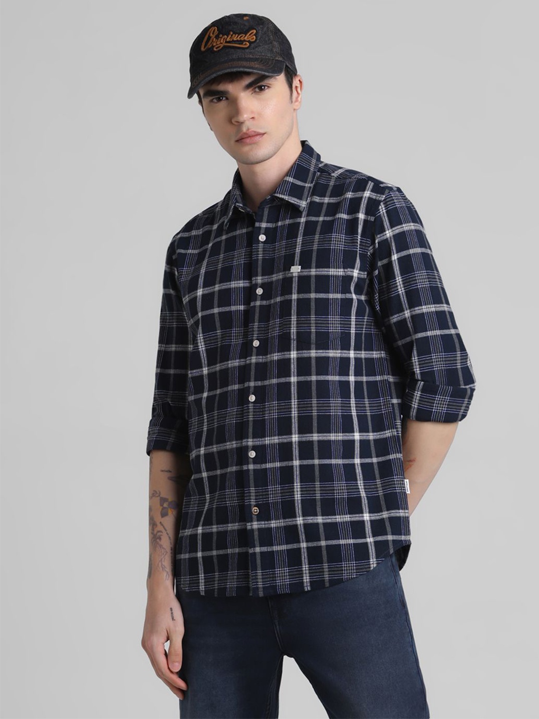 

Jack & Jones Men Spread Collar Tartan Checked Cotton Casual Shirt, Navy blue