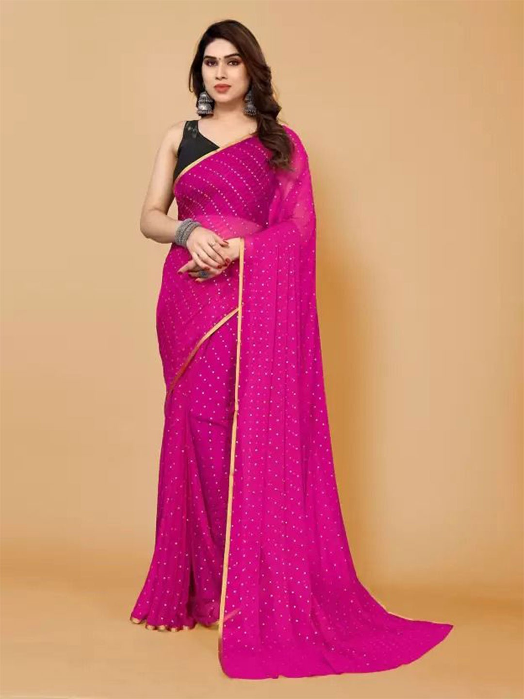 

SAADHVI Embellished Beads and Stones Pure Georgette Saree, Pink