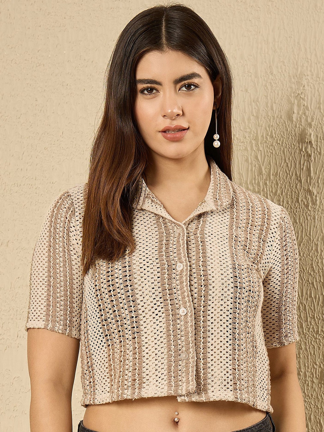 

all about you Women Spread Collar Vertical Striped Boxy Cotton Casual Shirt, Beige