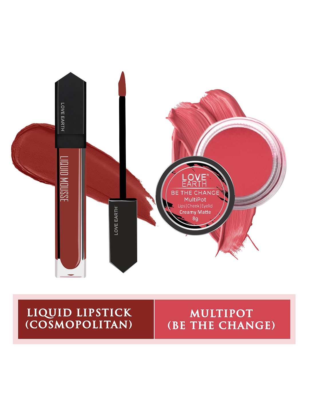 

LOVE EARTH Set Of 2 Liquid Mousse Matte Lipstick - 6ml-Lip Tint & Cheek Tint Multipot - 8g, Pink