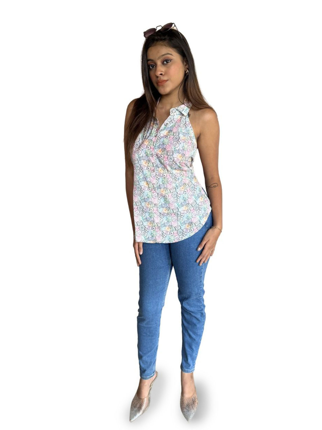

JAC INDIAN Women Geometric Printed Waist Tie-Ups Backless Casual Top, White
