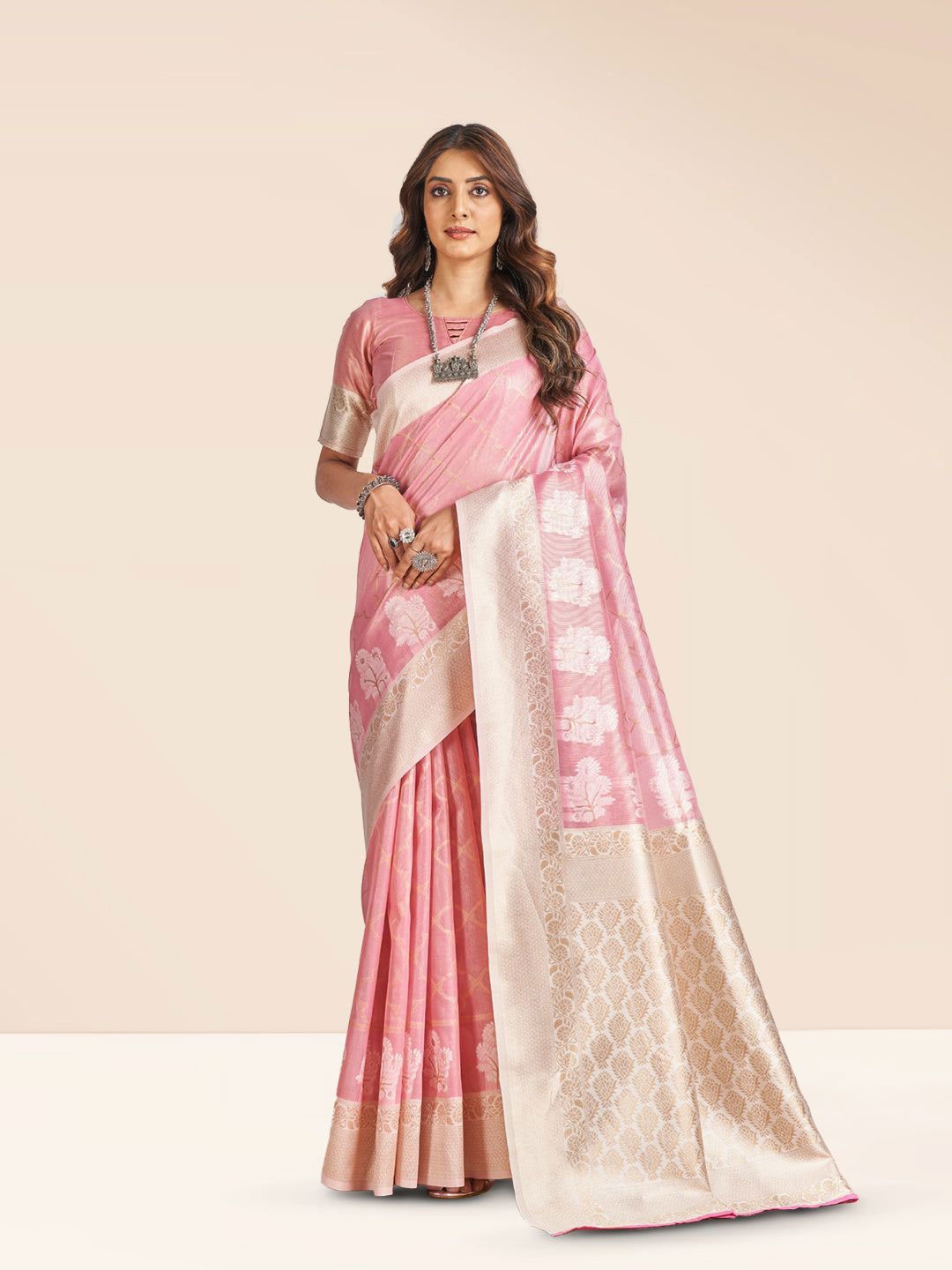 

NK Textiles Women Ethnic Motifs Zari Tissue Kasavu Saree, Pink