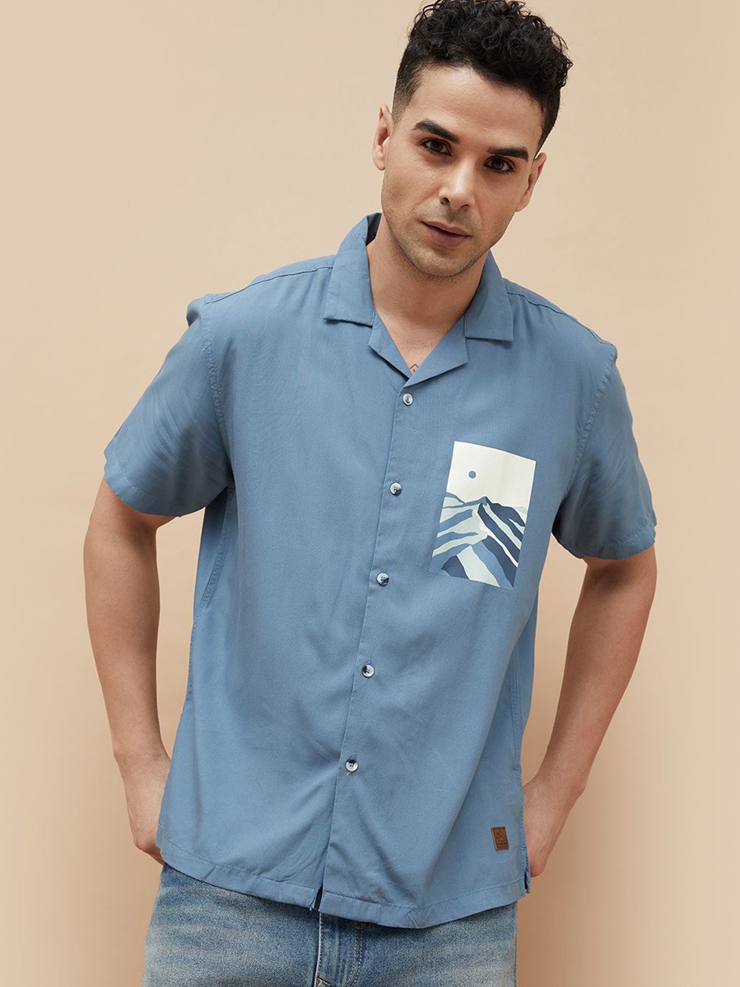 

CODE by Lifestyle Men Cuban Collar Graphic Printed Relaxed Fit Casual Shirt, Blue
