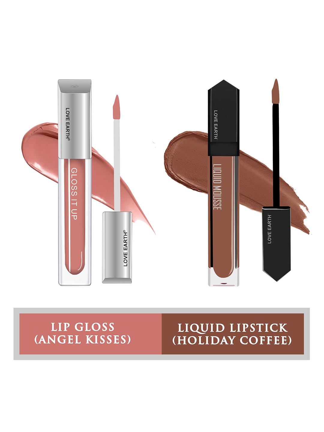 

LOVE EARTH 2Pcs Mousse Liquid Lipstick &Gloss It Up Lip Gloss- Holiday Coffee-Angel Kisses, Brown