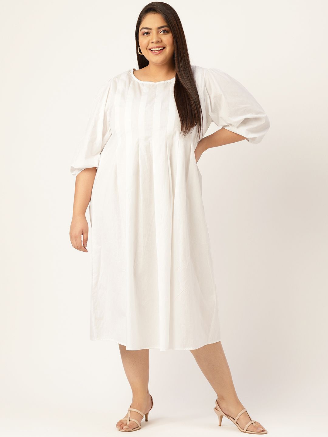 

theRebelinme Women Plus Size Pure Cotton A-Line Midi Dress, White