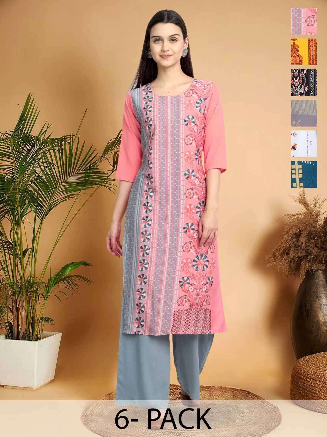 

7Threads Selection Of 6 Ethnic Motifs Printed Round Neck Straight Kurtas, Pink