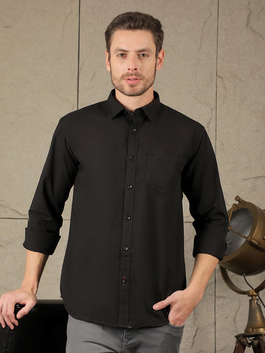 

COBB Men Slim Fit Spread Collar Solid Cotton Casual Shirt, Black