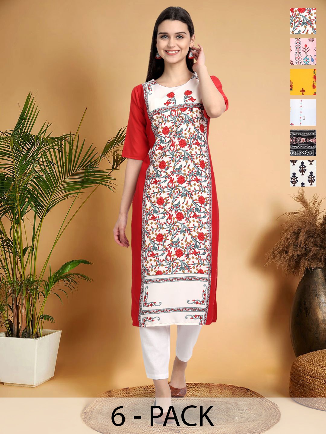 

7Threads Selection Of 6 Floral Printed Round Neck Kurtas, Multi