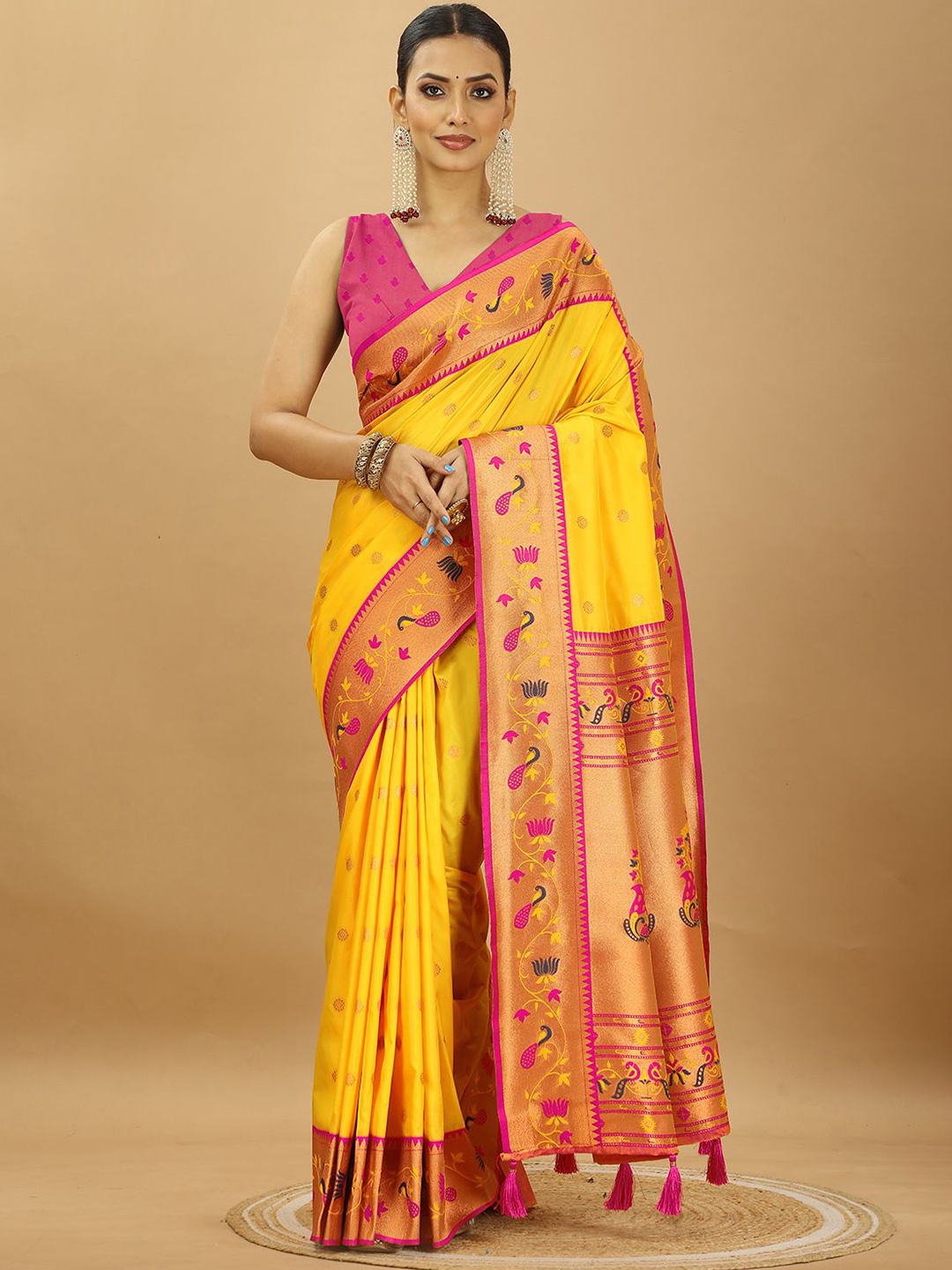 

SWAMI STUDIO Woven Design Zari Pure Silk Paithani Saree, Yellow