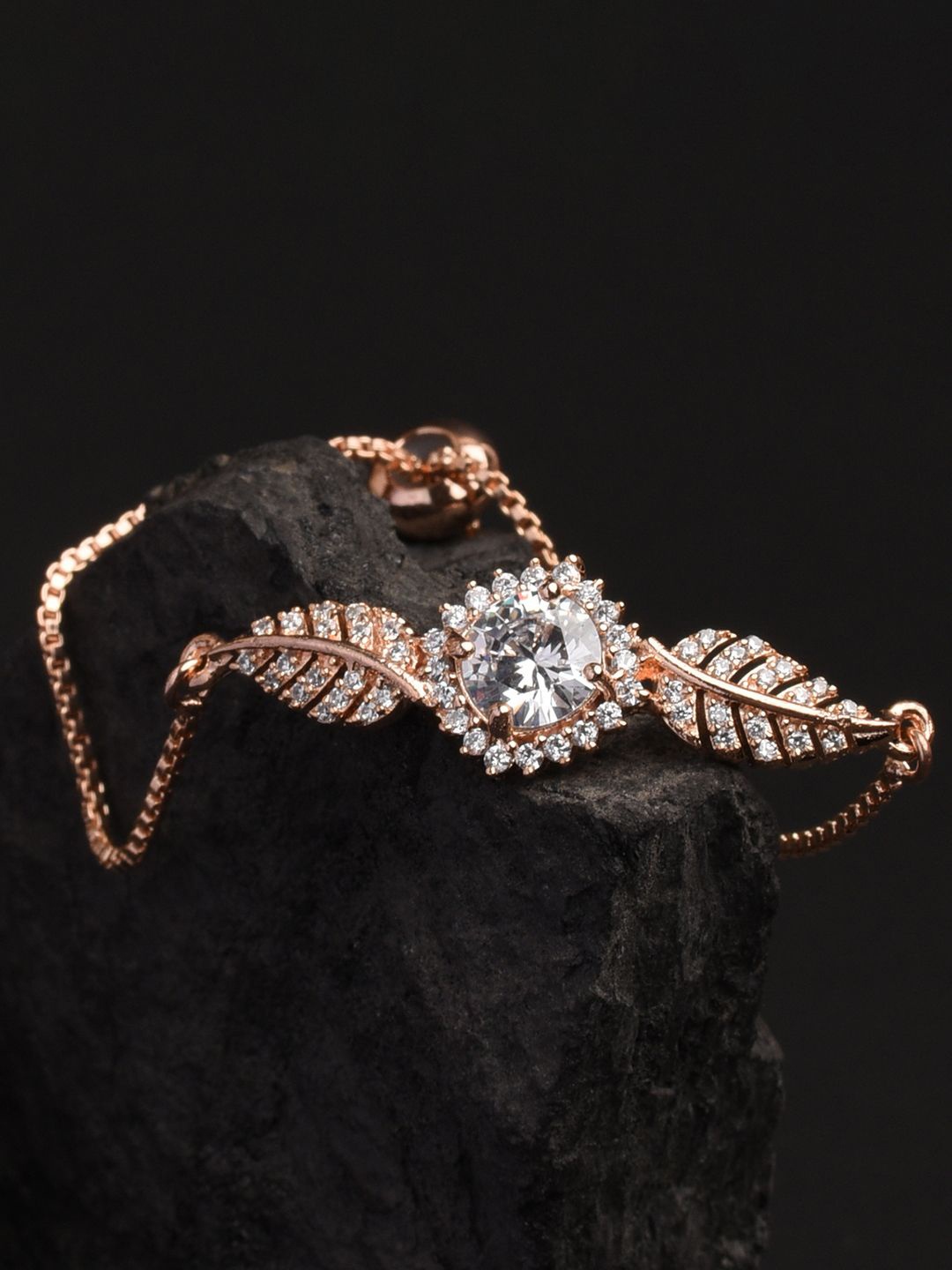 

XPNSV Rose Gold-Plated American Diamond Studded Crystal Leaf Charm Bracelet