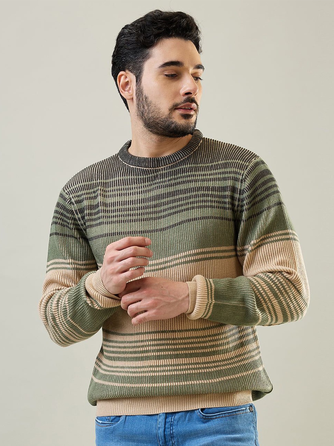 

TIM PARIS Men Striped Cotton Pullover, Green