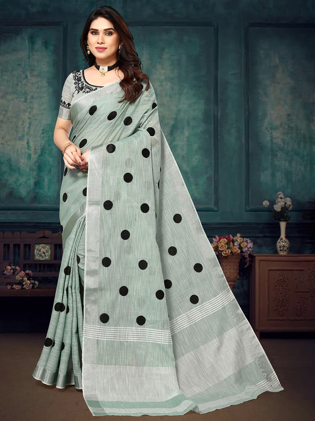 

A.V.M. SILK MILLS Polka Dot Zari Pure Cotton Saree, Green