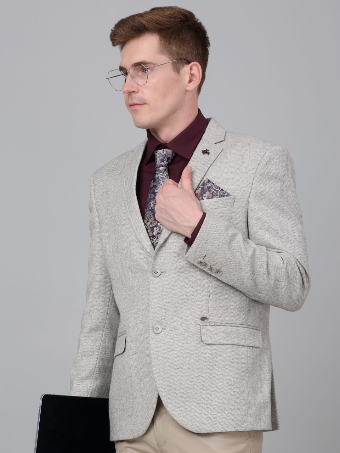 

Cantabil Self Design Single Breasted Formal Blazer, Grey