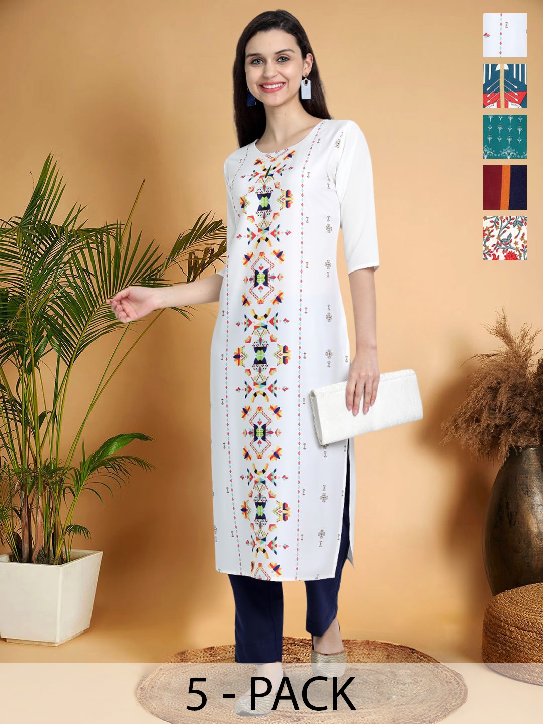 

7Threads Selection Of 5 Geometric Printed Round Neck Straight Kurtas, White