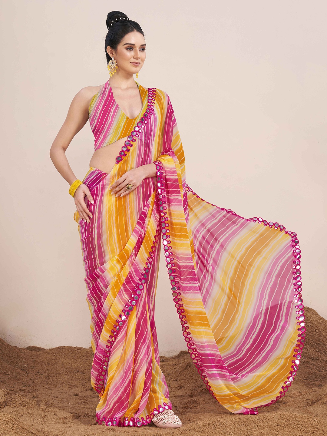 

Tikhi Imli Leheriya Printed Sequinned Leheriya Saree, Pink