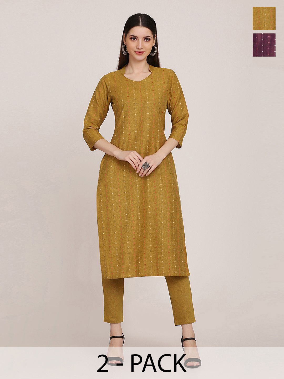 

KALINI Selection Of 2 Striped Printed Straight Kurtas With Trousers, Mustard