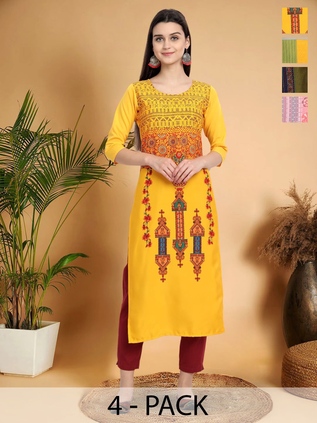 

7ThreadsSelection Of 4 Ethnic Motifs Printed Round Neck Straight Kurtas, Yellow