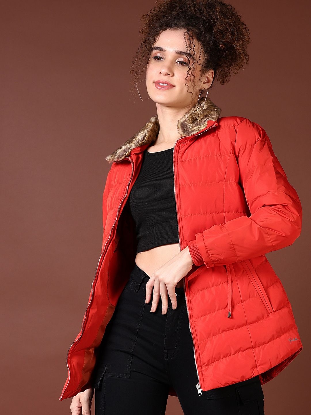 

V-Mart Women Spread Collar Solid Cotton Casual Parka Jacket, Coral
