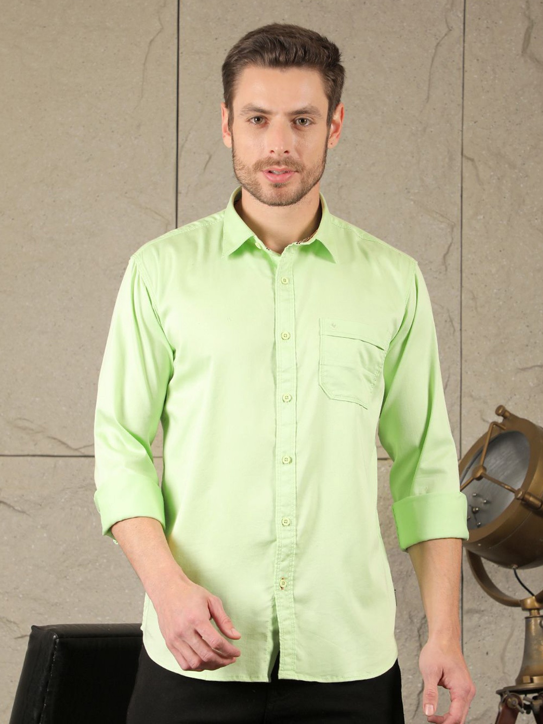 

COBB Men Slim Fit Spread Collar Solid Cotton Casual Shirt, Green