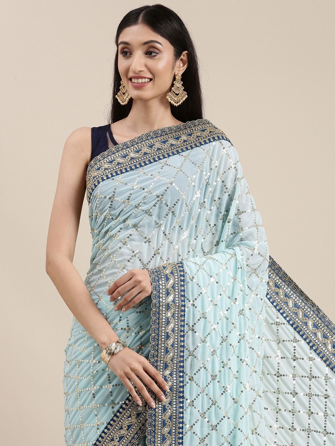 

A.V.M. SILK MILLS Sequinned Embroidered Saree, Turquoise blue