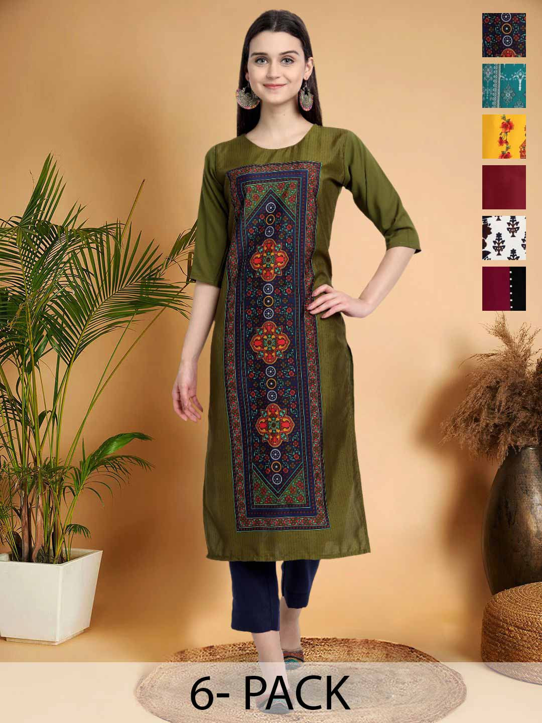 

7Threads Selection Of 6 Ethnic Motifs Printed Round Neck Straight Kurtas, Olive