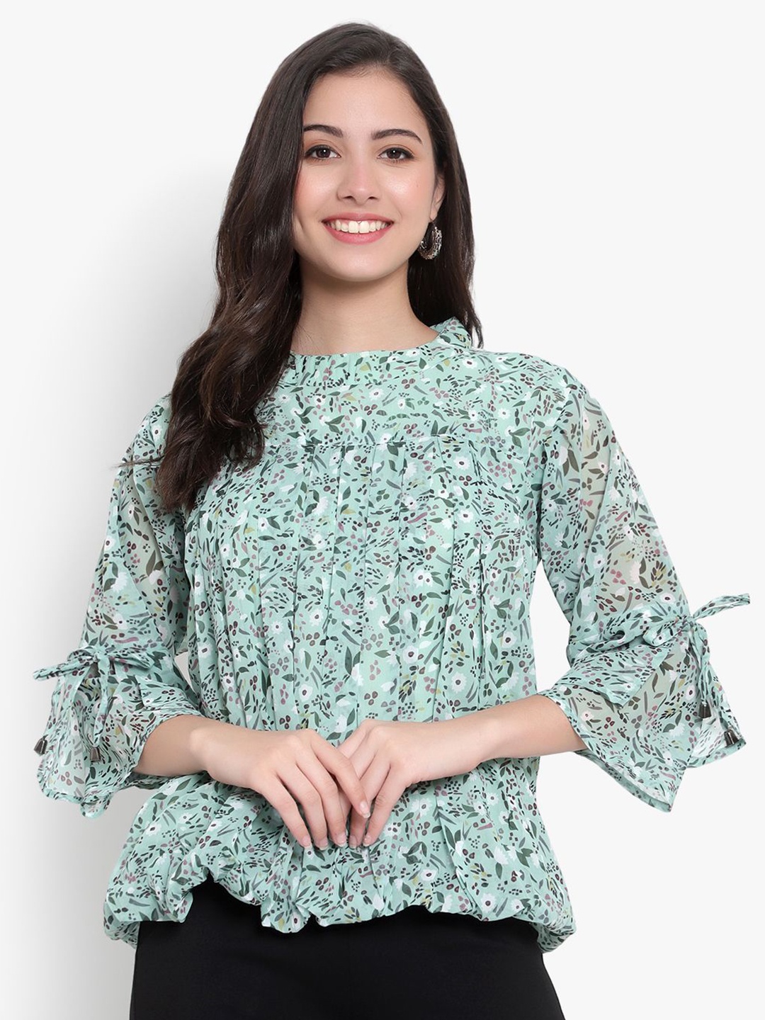 

Moda Rapido Women Floral Print Bell Sleeve Blouson Top, Green