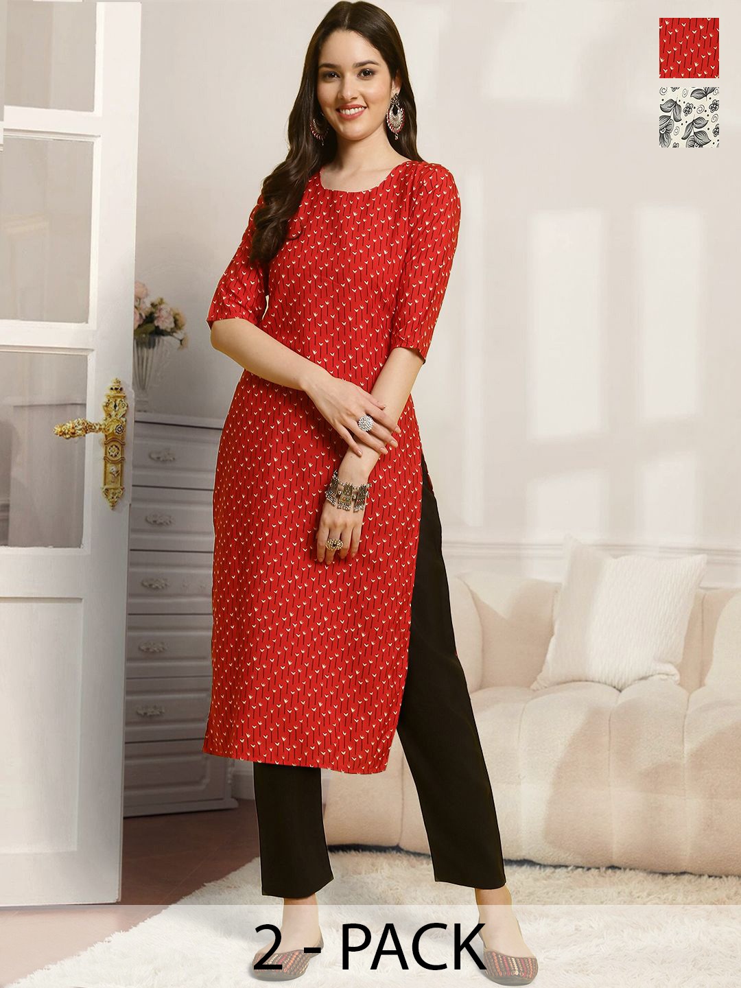 

7Threads Selection Of 2 Floral Printed Round Neck Straight Kurta With Trousers, Red