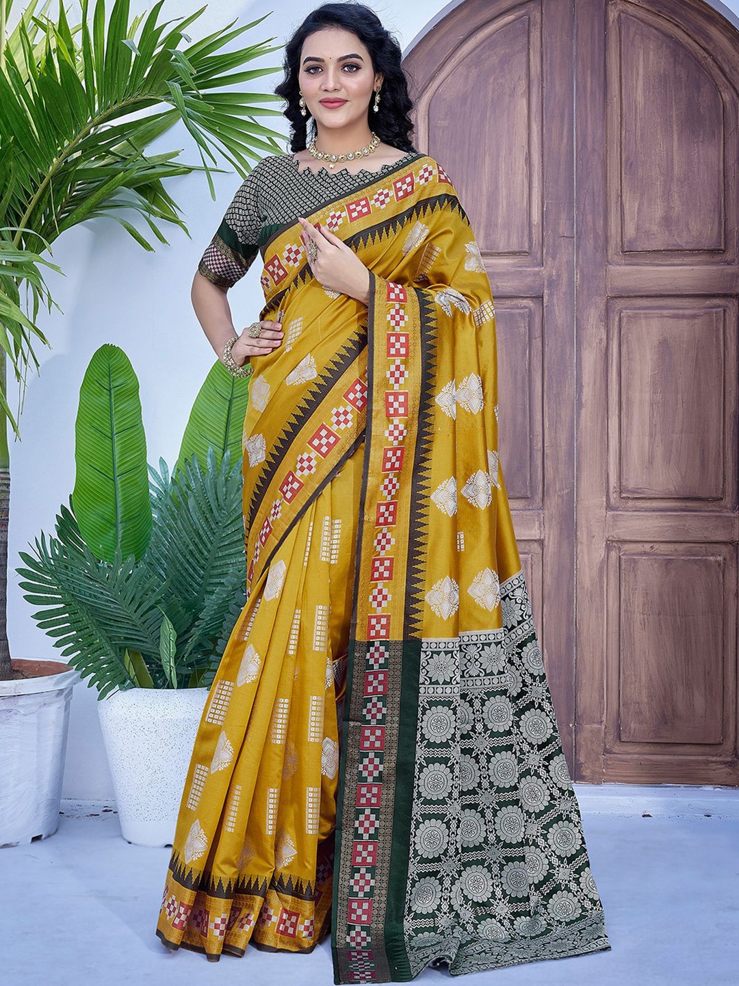 

Mitera Woven Design Zari Banarasi Saree With Unstitched Blouse Piece, Mustard