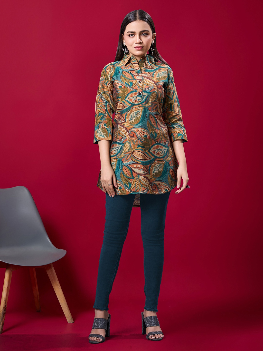 

BANJANAN Floral Printed Longline Shirt Style Top, Blue