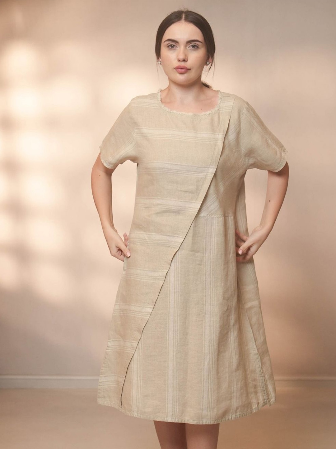 

Fabulous Women Striped Linen A-Line Dress, Beige