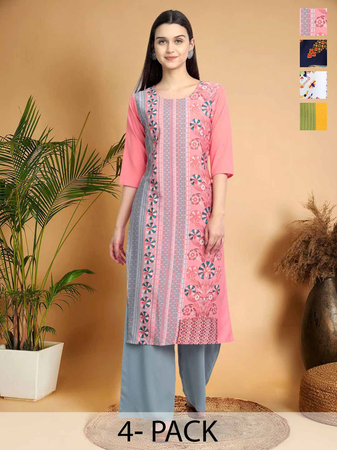 

7Threads Selection Of 4 Floral Printed Round Neck Straight Kurtas, Pink
