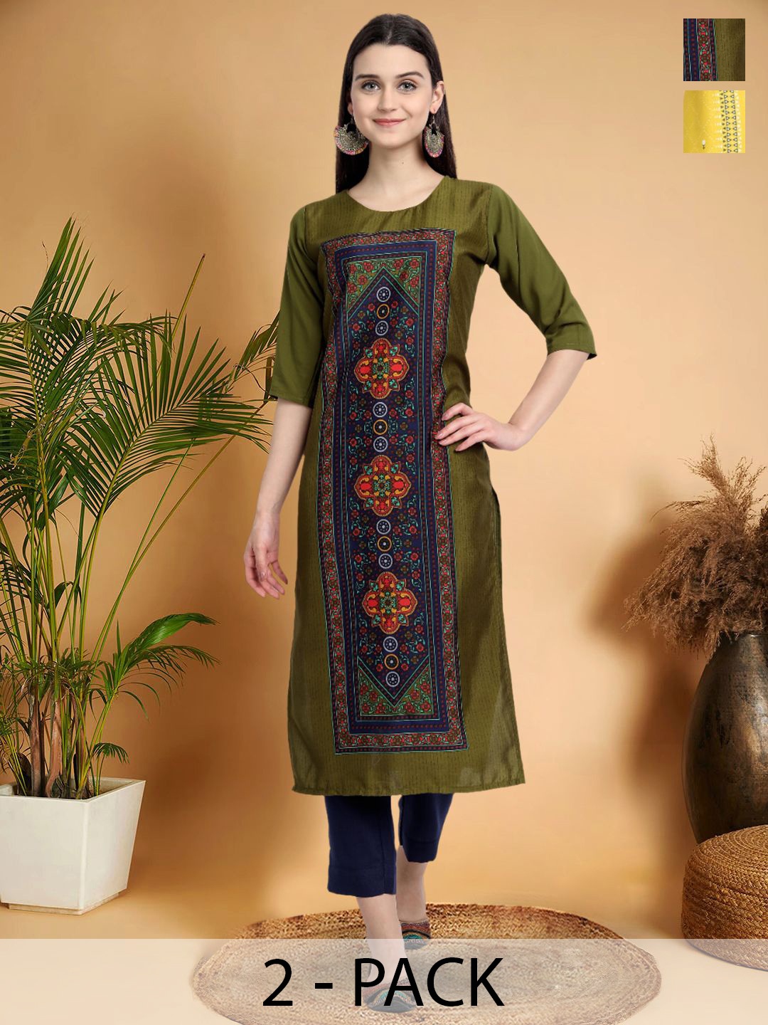 

7Threads Selection Of 2 Ethnic Motifs Printed Straight Kurtas, Green