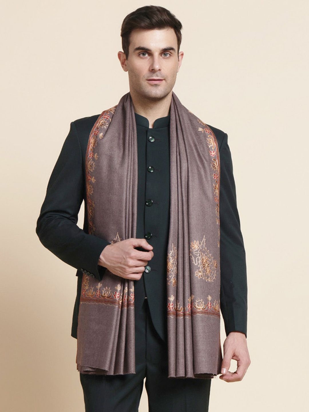 

WEAVERS VILLA Men Floral Embroidered Shawl, Brown