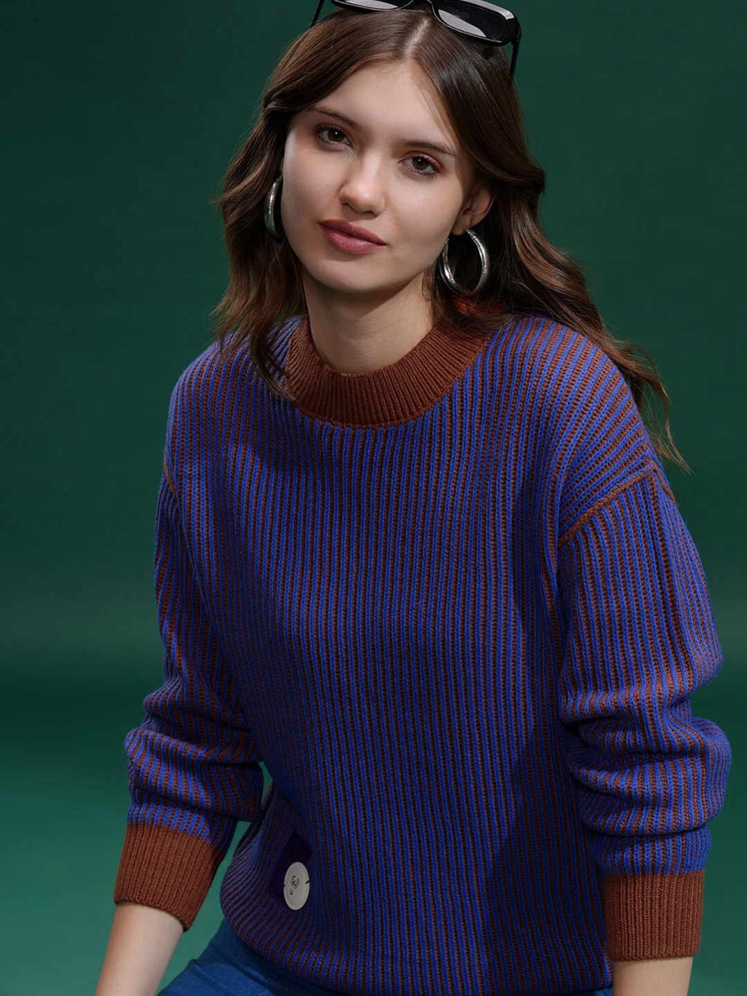 

Tokyo Talkies Women Round Neck Self Design Embellished Sweater, Blue