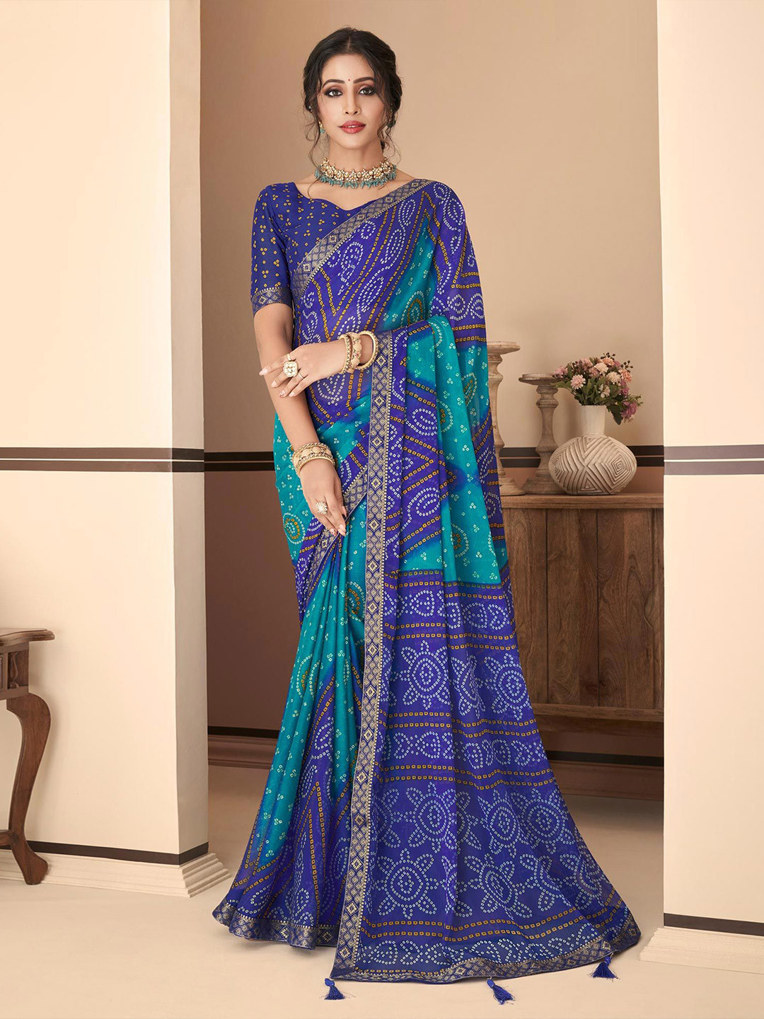 

Peachmode Pure Chiffon Bandhani Saree, Blue