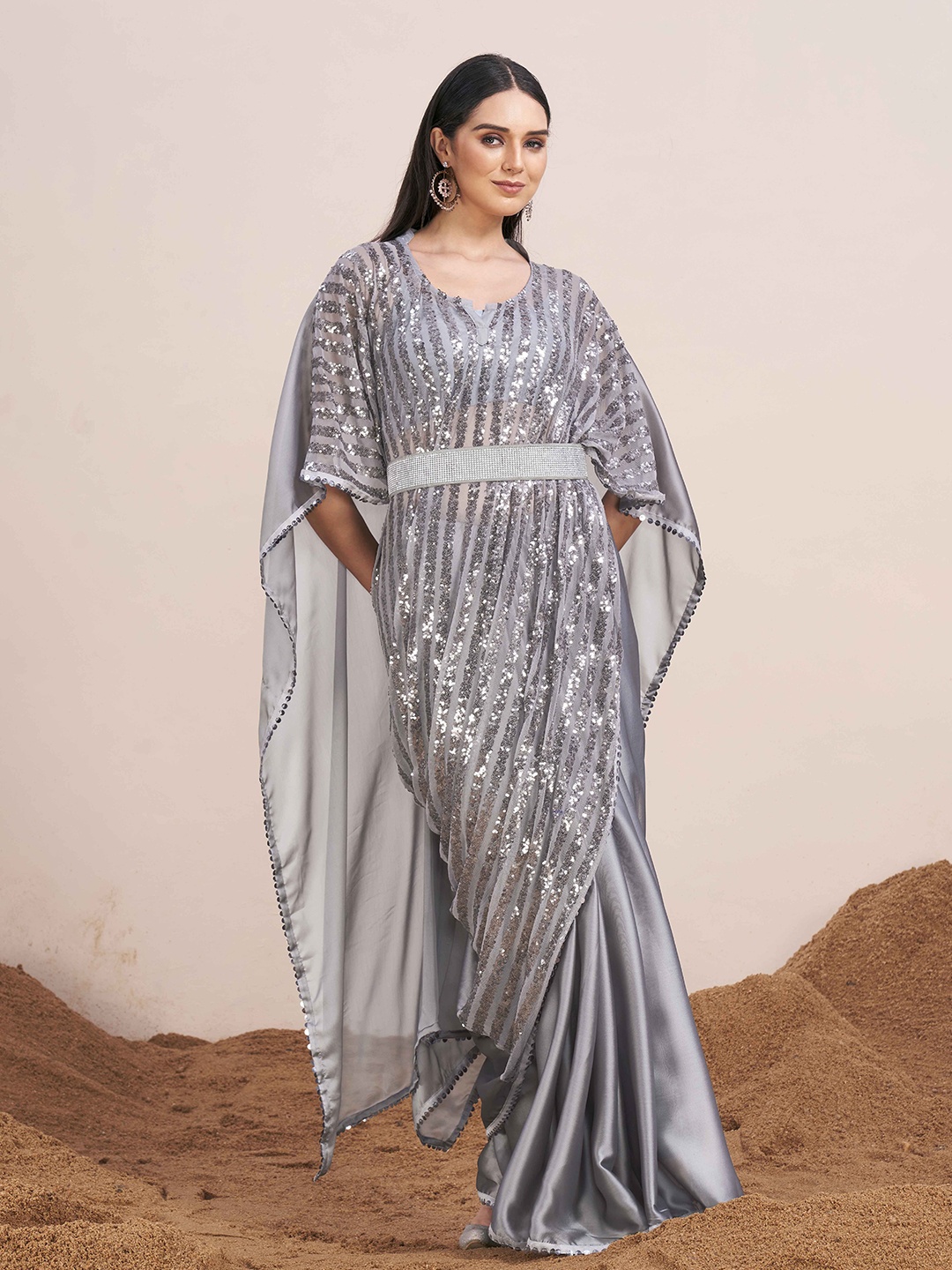 

Tikhi Imli Embellished Sequinned Satin Kaftan Saree With Belt, Grey