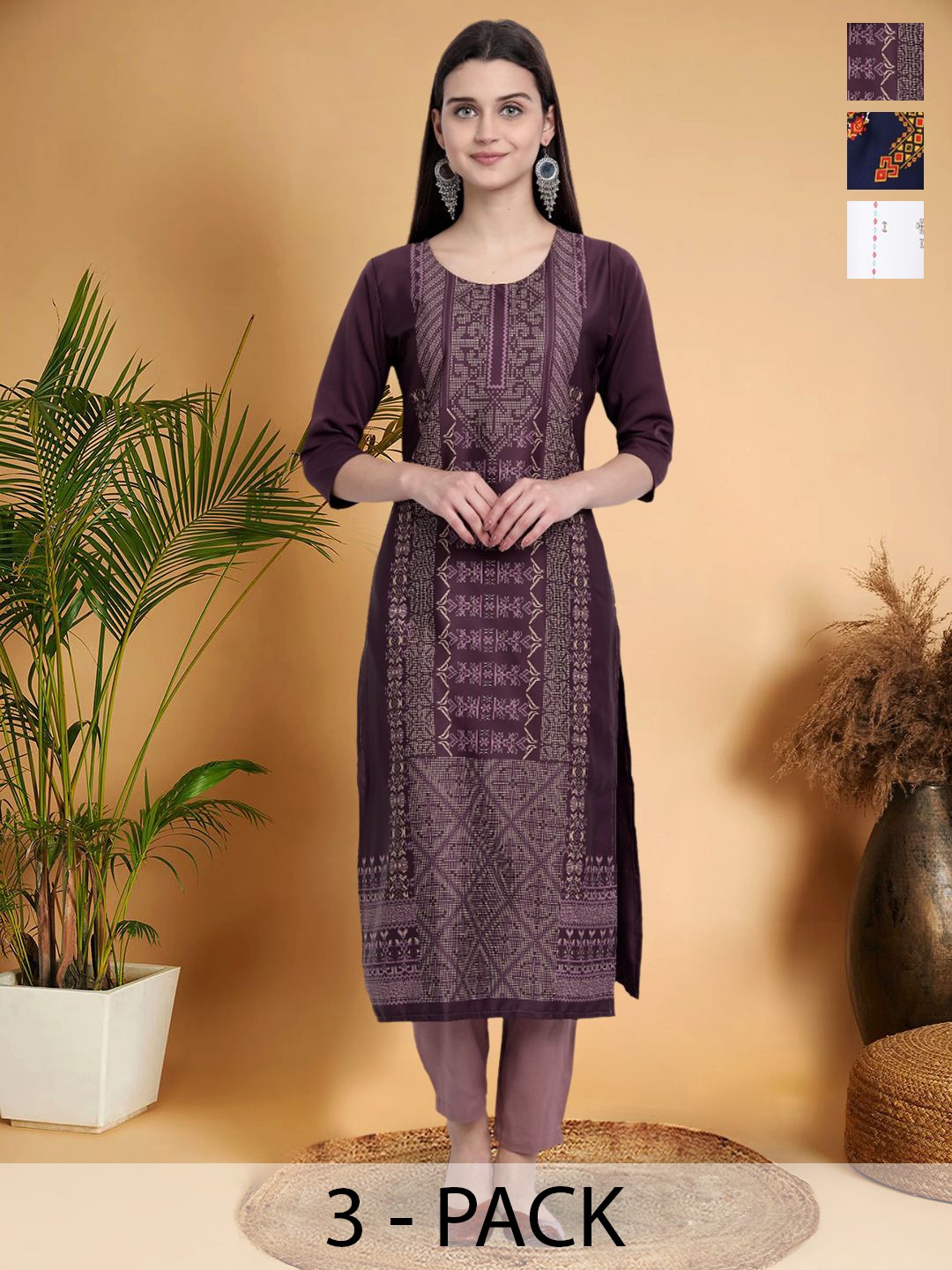 

7Threads Selection Of 3 Ethnic Motifs Printed Straight Kurtas, Purple