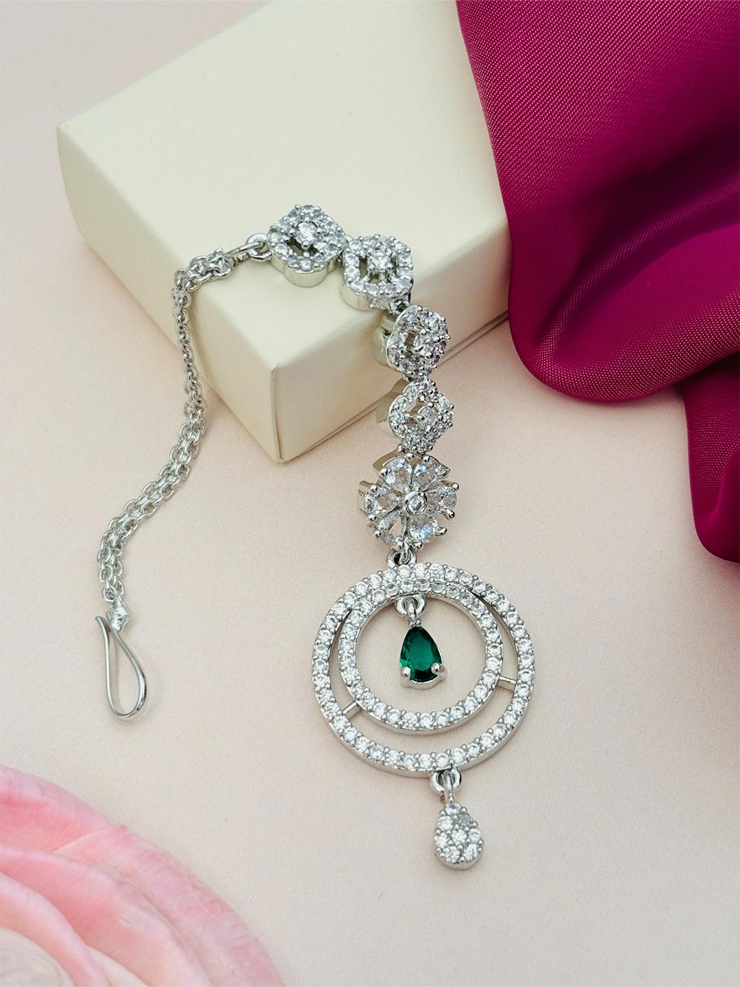 

ABDESIGNS Silver-Plated Artificial Stones and Beads Studded Maang Tikka Head Jewellery