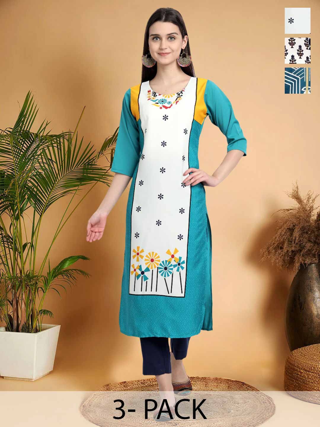 

7Threads Selection Of 3 Floral Printed Round Neck Straight Kurtas, Blue
