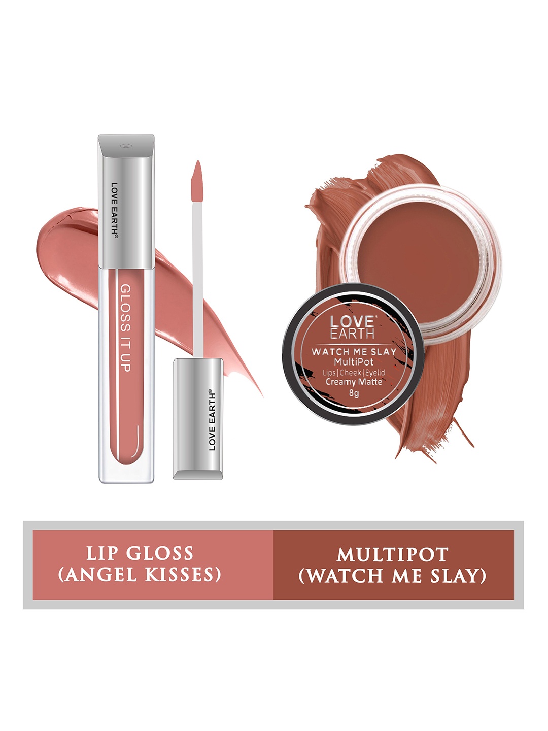 

LOVE EARTH Set Of 2 Creamy Matte Lip Cheek Tint Multipot 8g + Gloss It Up Lip Gloss 3ml, Camel brown