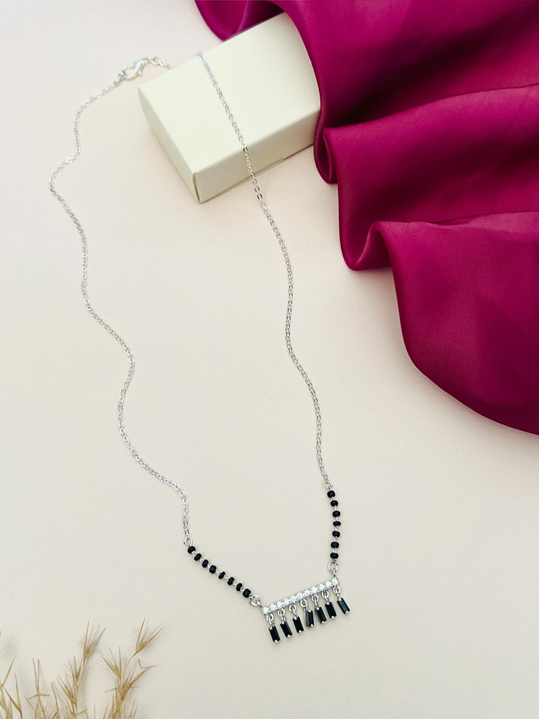 

ABDESIGNS Silver-Plated American Diamond Studded & Beaded Mangalsutra