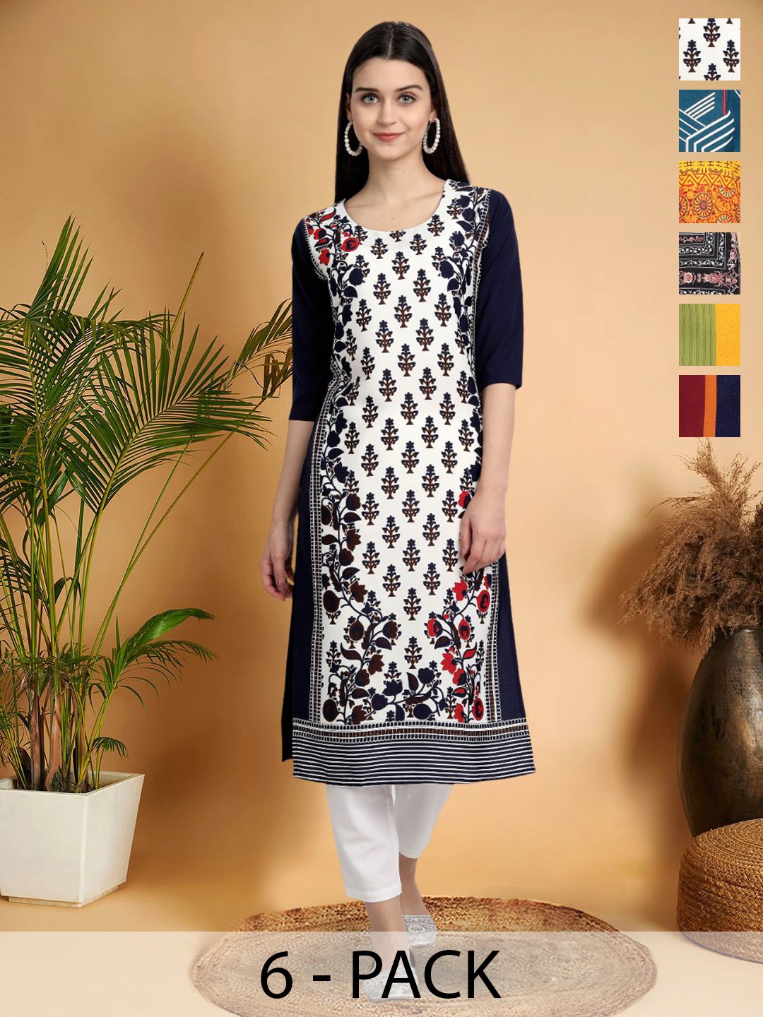 

7Threads Selection Of 6 Floral Printed Round Neck Straight Kurtas, Black