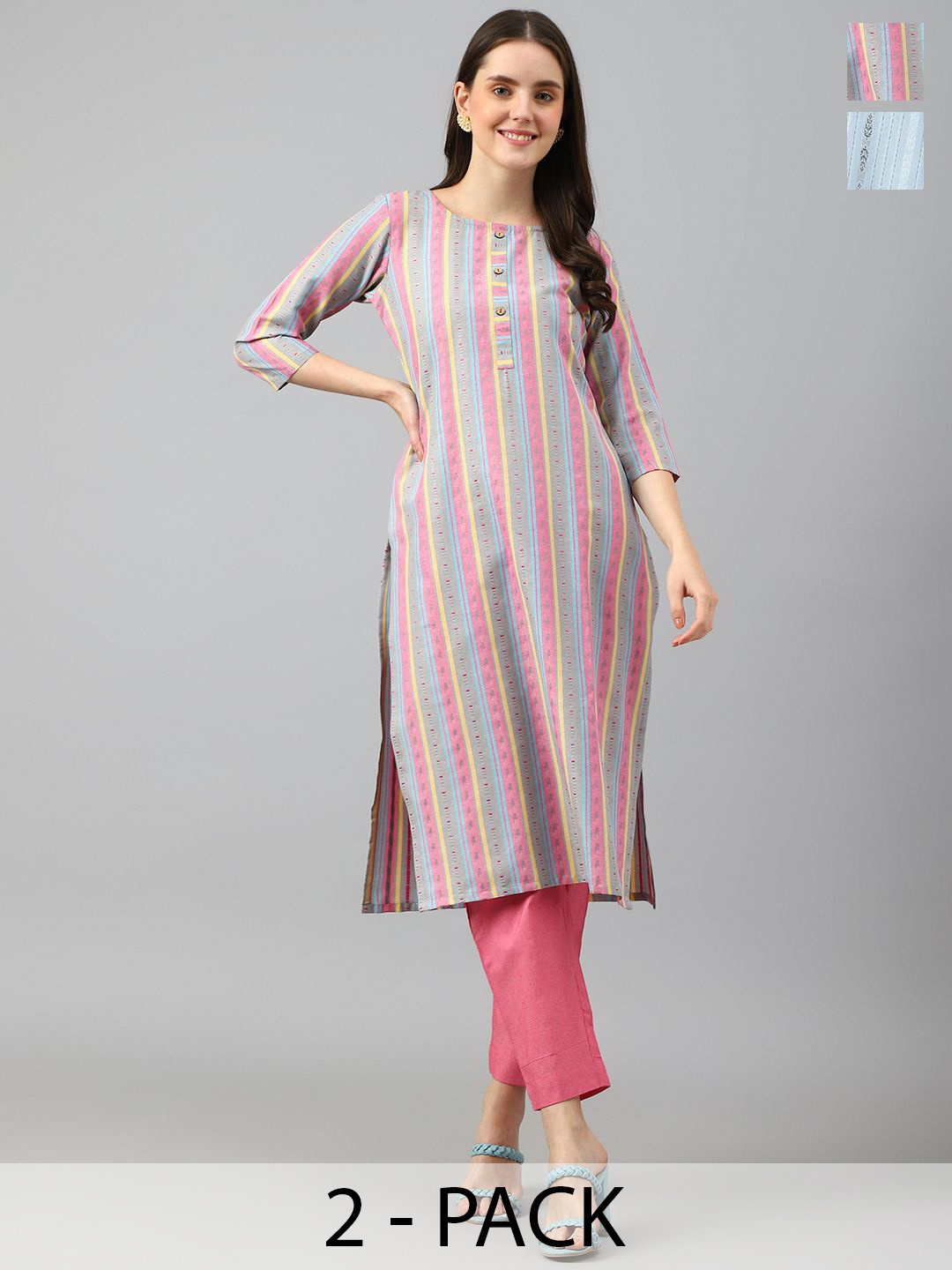 

KALINI Selection of 2 Striped Round Neck Straight Kurtas with Trousers, Blue