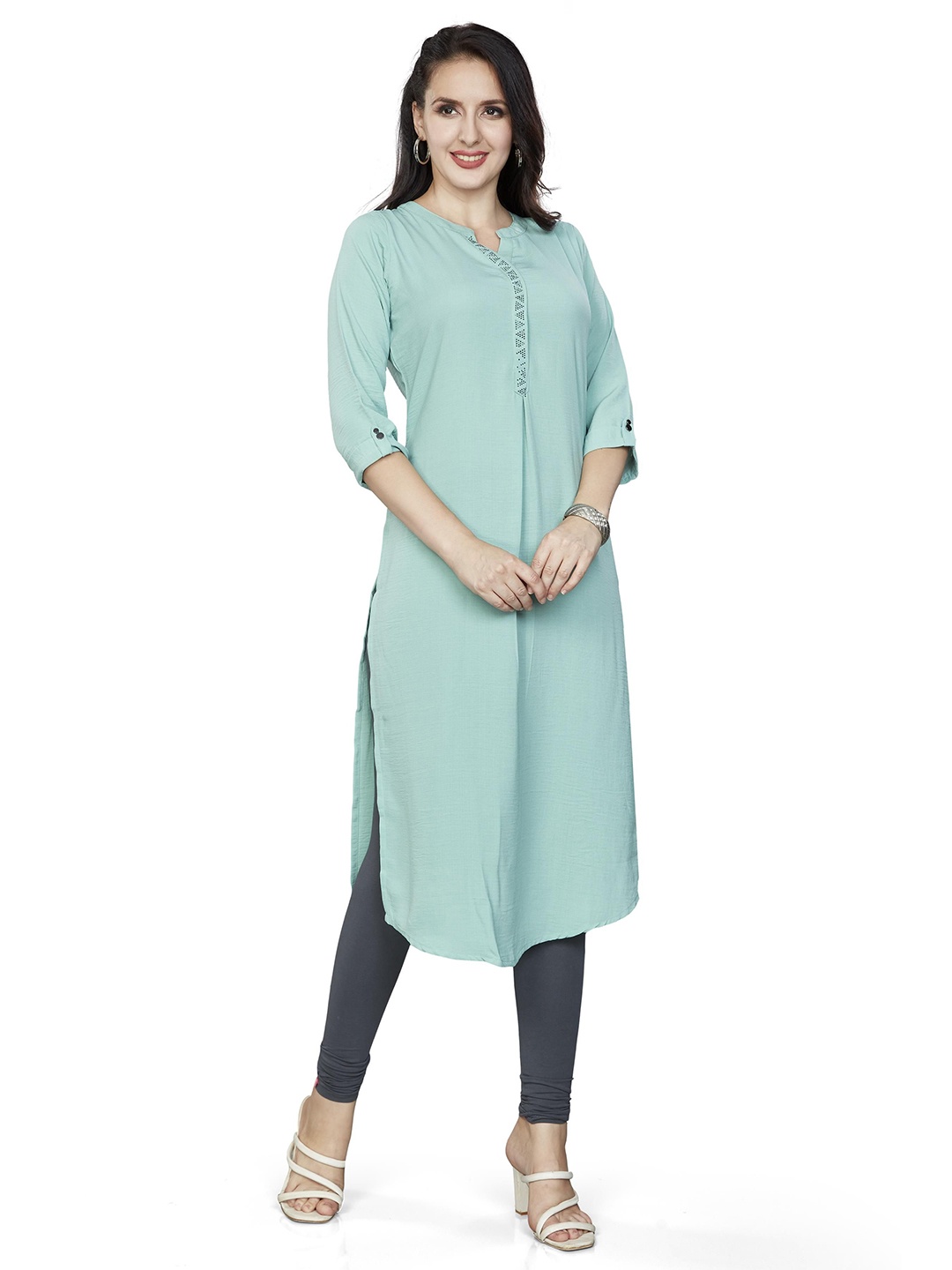 

Nioni Mandarin Collar Cuff Sleeves Cotton Straight Kurta, Sea green