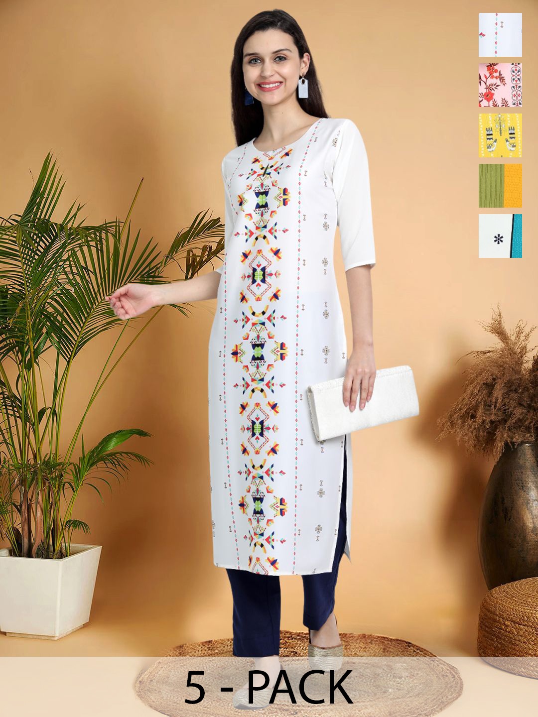 

7Threads Selection Of 5 Geometric Printed Round Neck Straight Kurtas, White